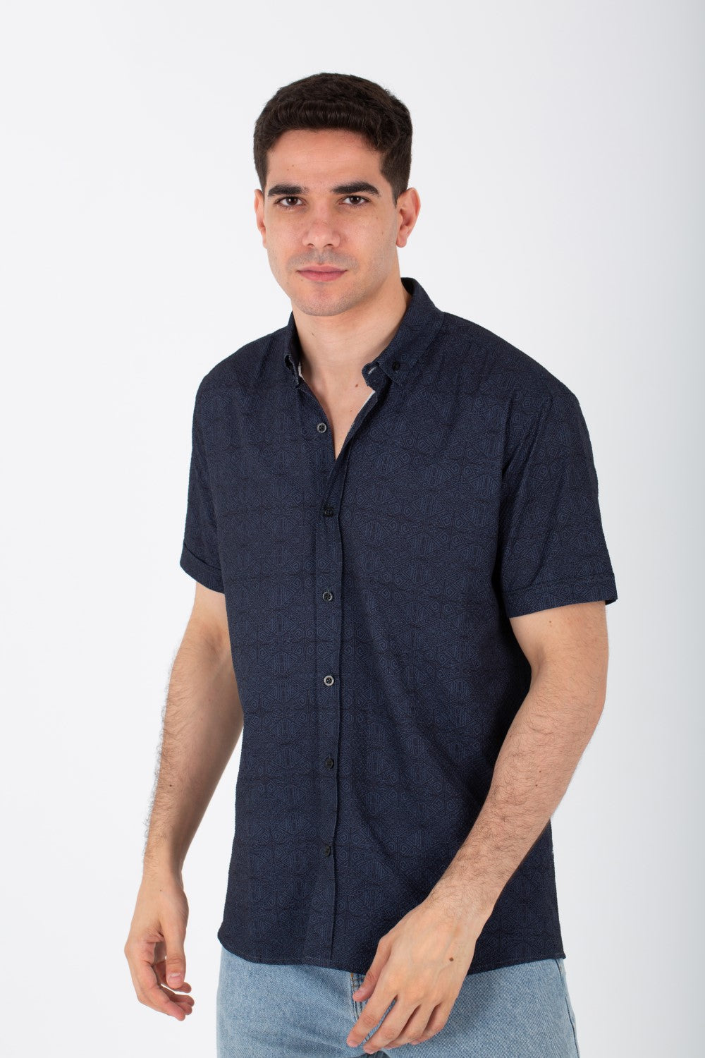 Mens Half Sleeve Jacar Slim Fit Shirt With A Unique Collar And Cut