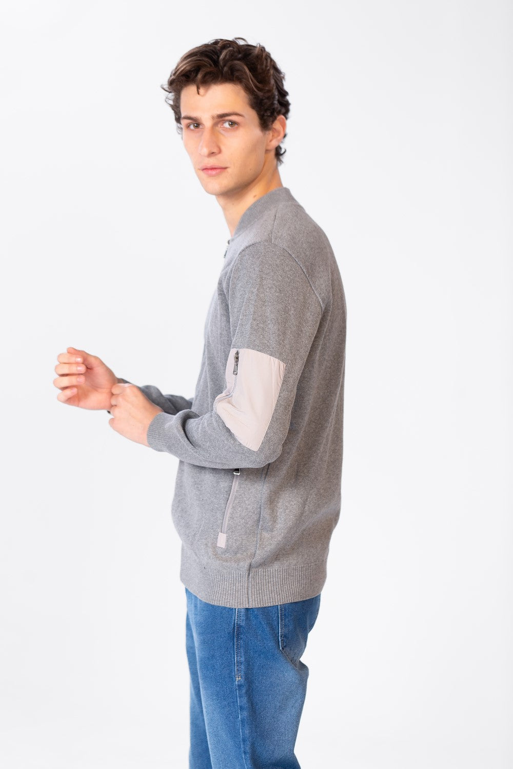 Men's Font Zipper Round Collar Pullover In Cotton