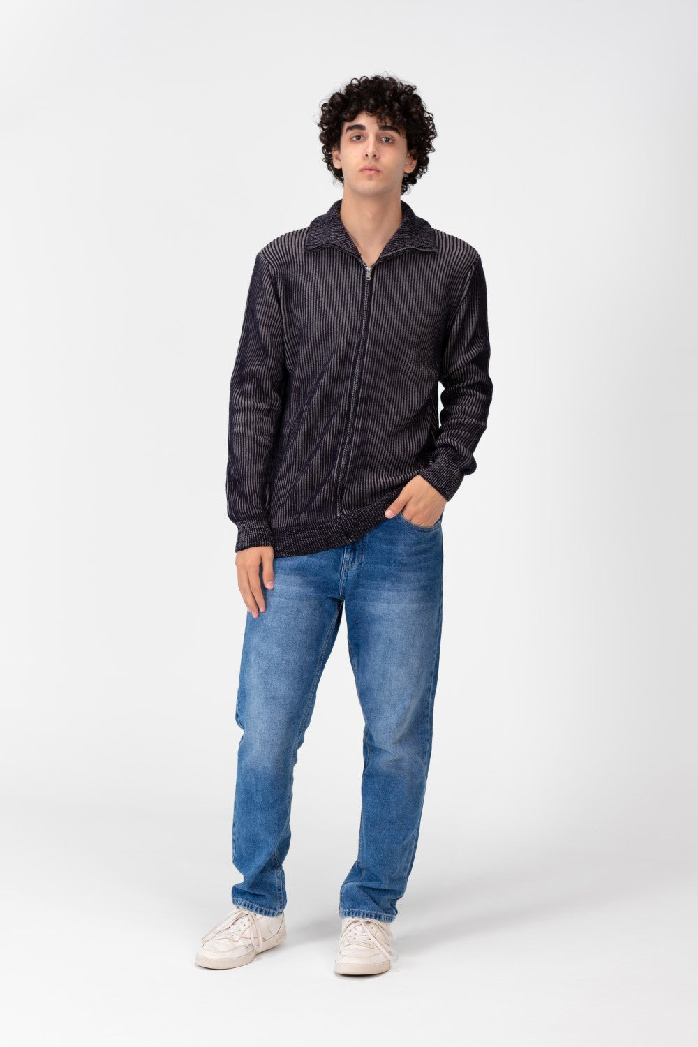 Men's Pullover With Full Zip Up Collar And Long Sleeves