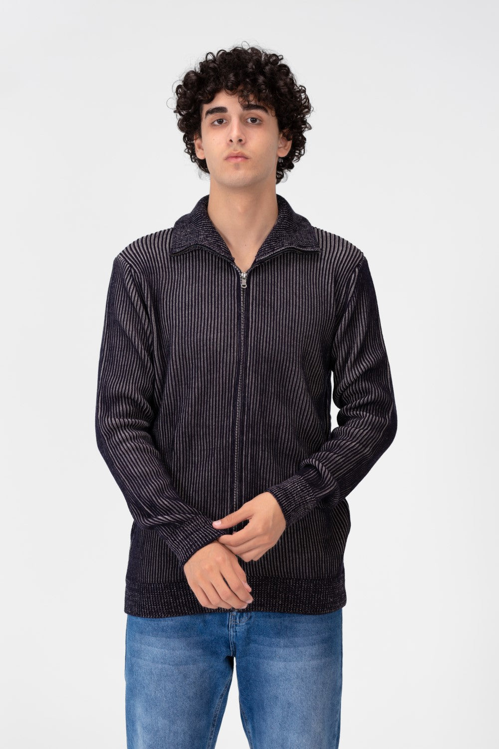 Men's Pullover With Full Zip Up Collar And Long Sleeves