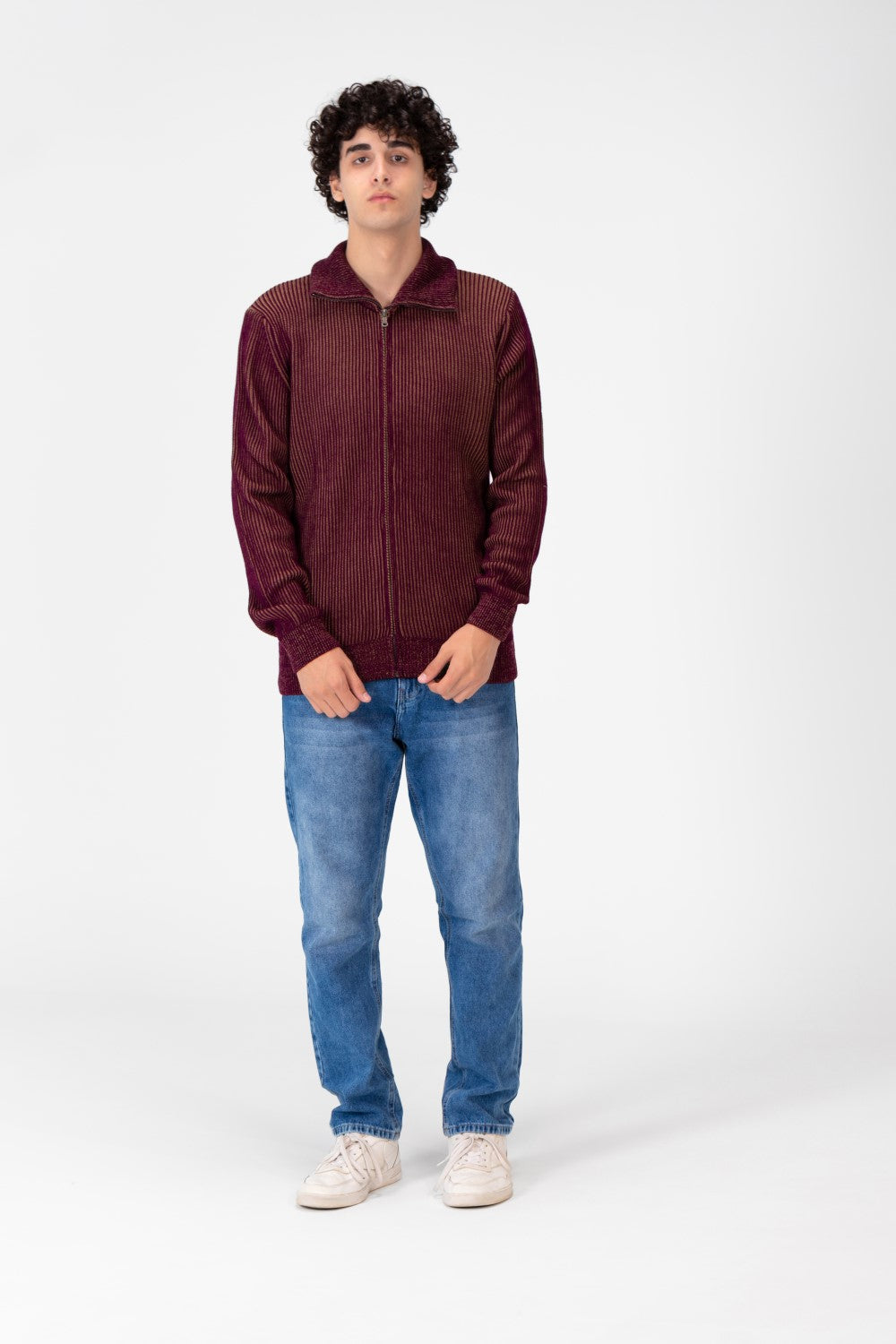 Men's Pullover With Full Zip Up Collar And Long Sleeves