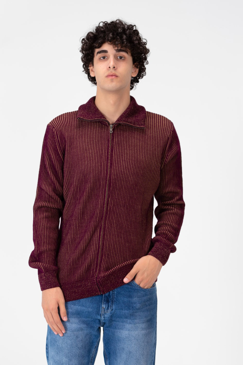 Men's Pullover With Full Zip Up Collar And Long Sleeves