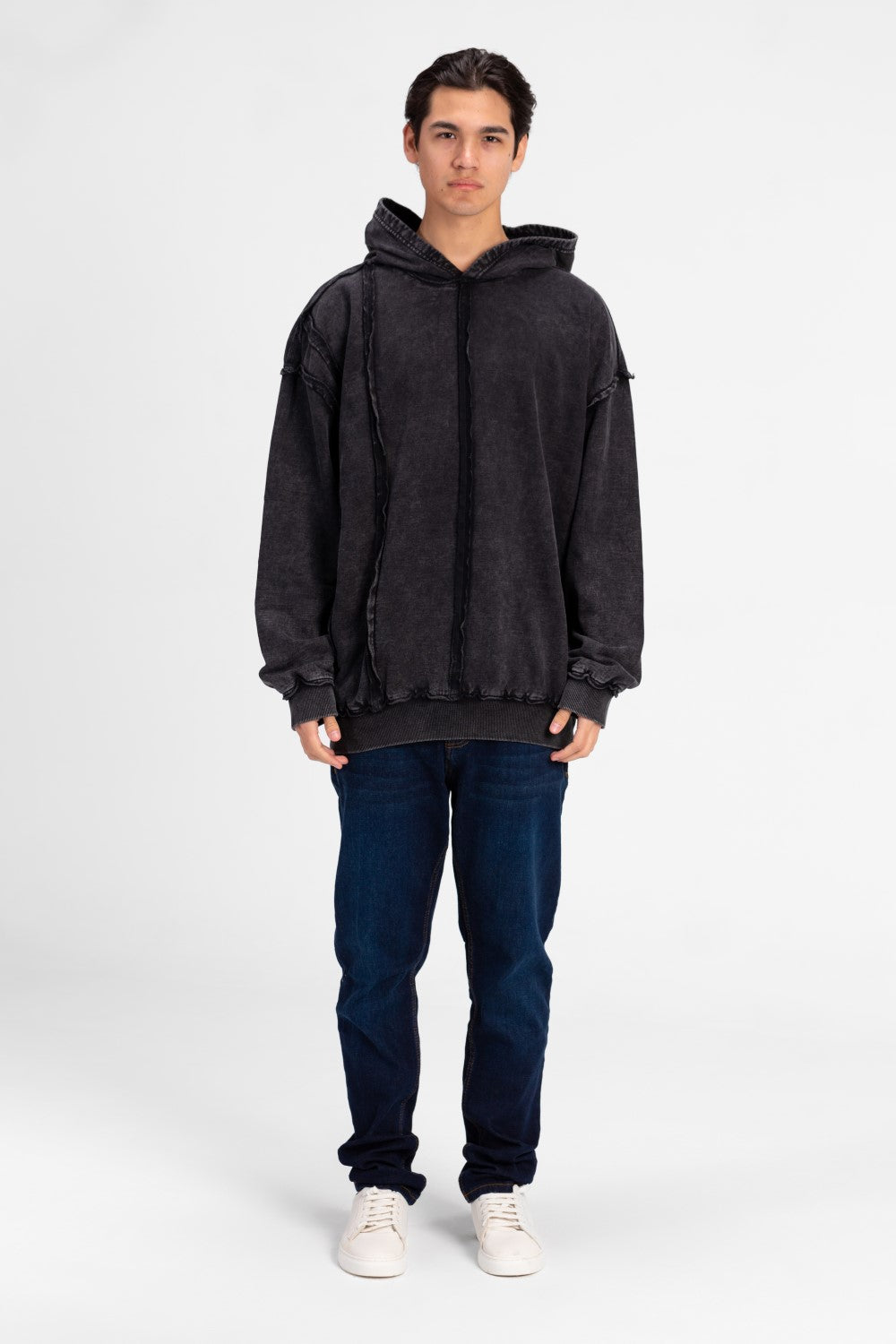 سويت شيرت رجالي كبير الحجم مغسول بغطاء رأس بتصميم فريد