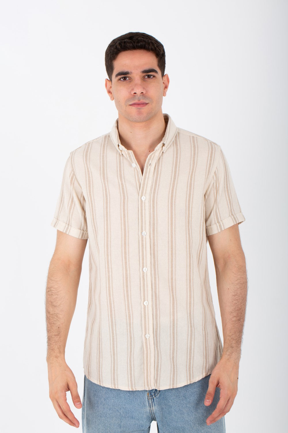 Mens Striped Slim Fit Half Sleeve Shirt With Buttons Front