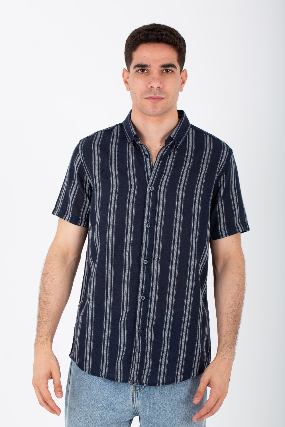 Mens Striped Slim Fit Half Sleeve Shirt With Buttons Front