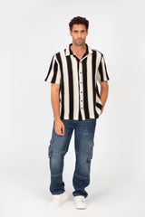 Men's Half Sleeve Striped Slim Fit Mesh Shirt With Collar And Full Buttons