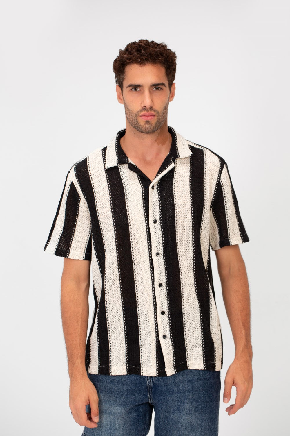 Men's Half Sleeve Striped Slim Fit Mesh Shirt With Collar And Full Buttons