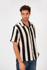 Men's Half Sleeve Striped Slim Fit Mesh Shirt With Collar And Full Buttons