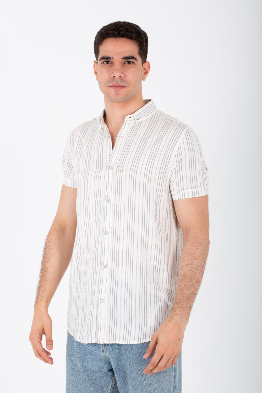 Mens Striped Slim Fit Half Sleeve Shirt With Button Front