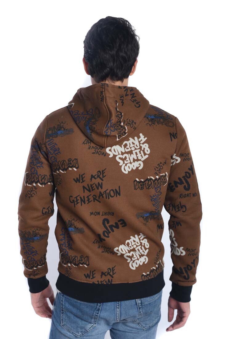 سويت شيرت رجالي بقصة ضيقة وغطاء رأس مطبوع وسحاب كامل