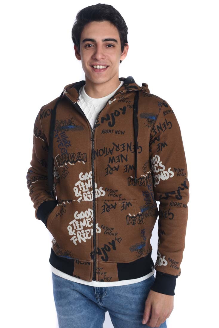 سويت شيرت رجالي بقصة ضيقة وغطاء رأس مطبوع وسحاب كامل