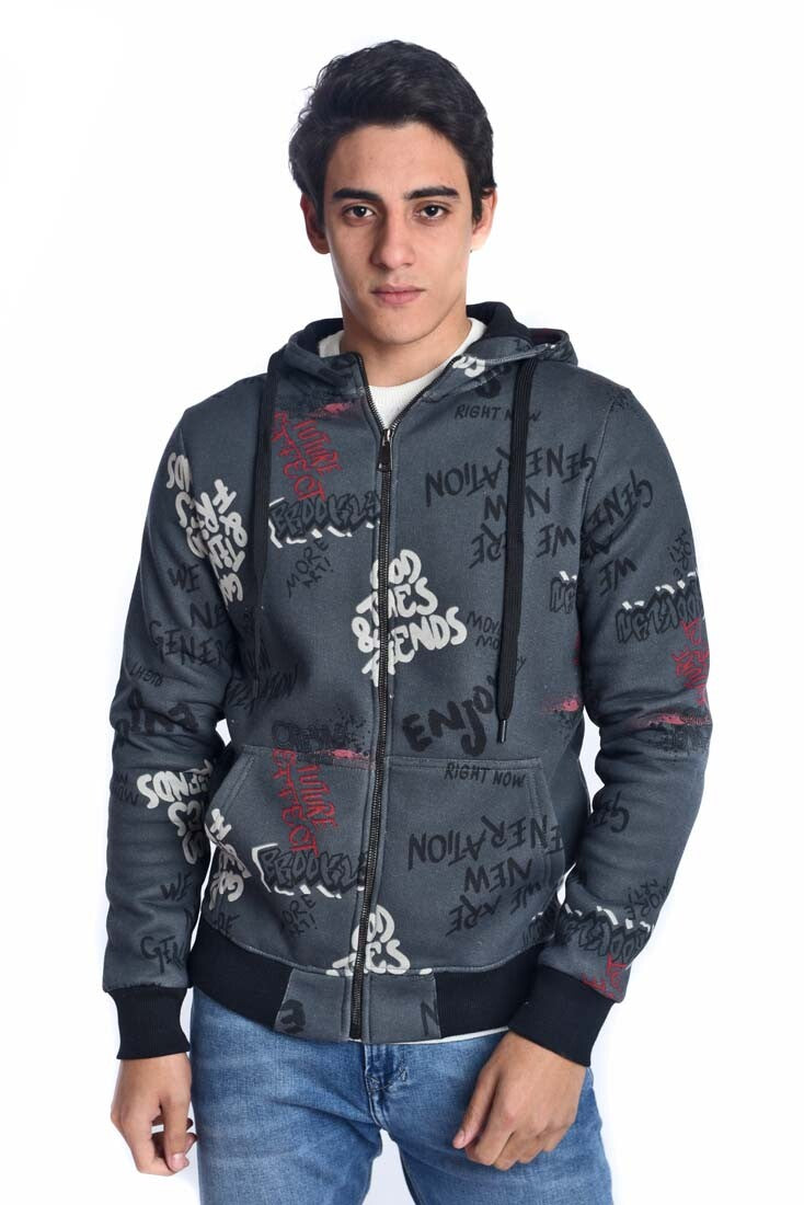 سويت شيرت رجالي بقصة ضيقة وغطاء رأس مطبوع وسحاب كامل