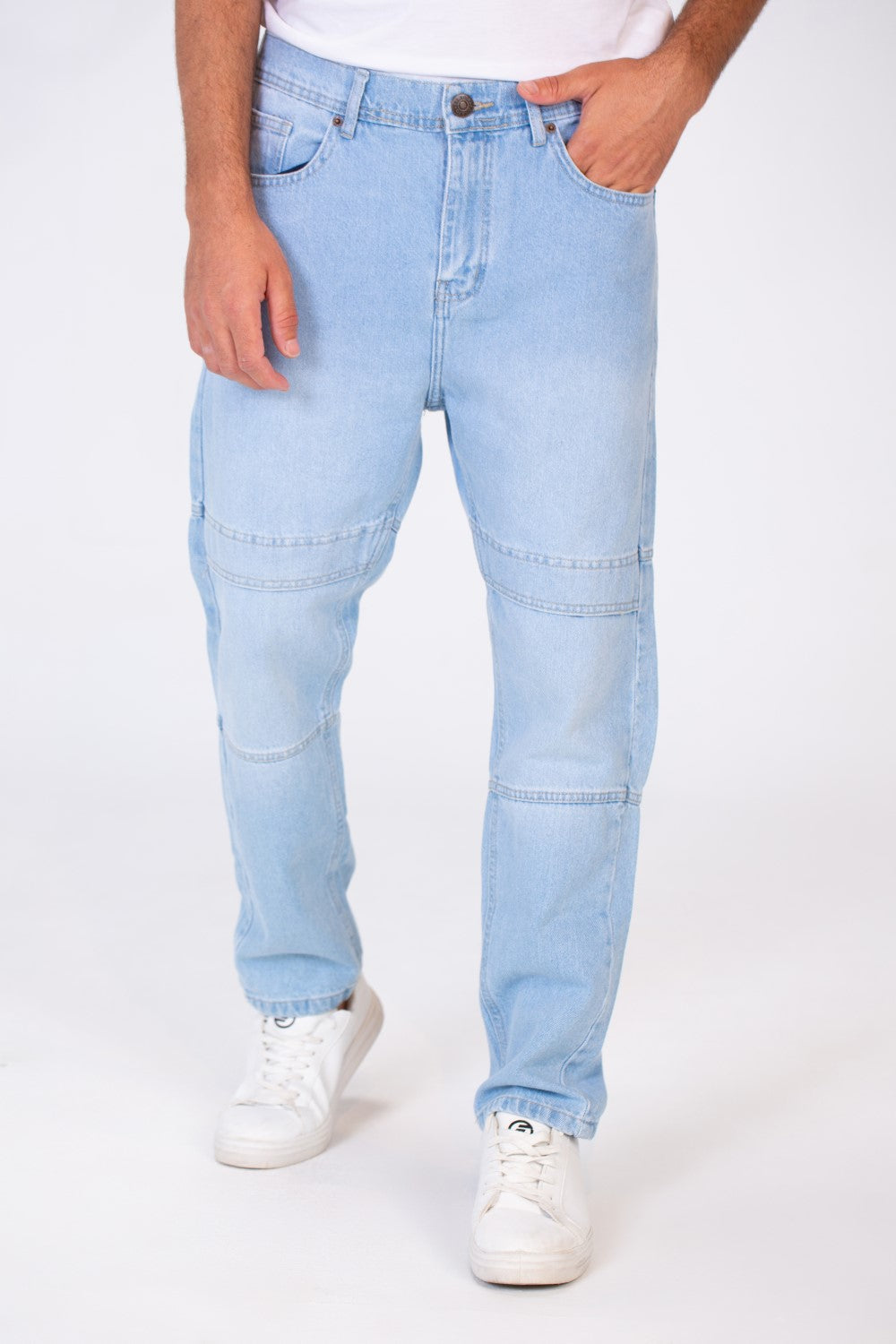 بنطلون جينز رجالي واسع الساق بخمسة جيوب وأزرار أمامية بتصميم عصري