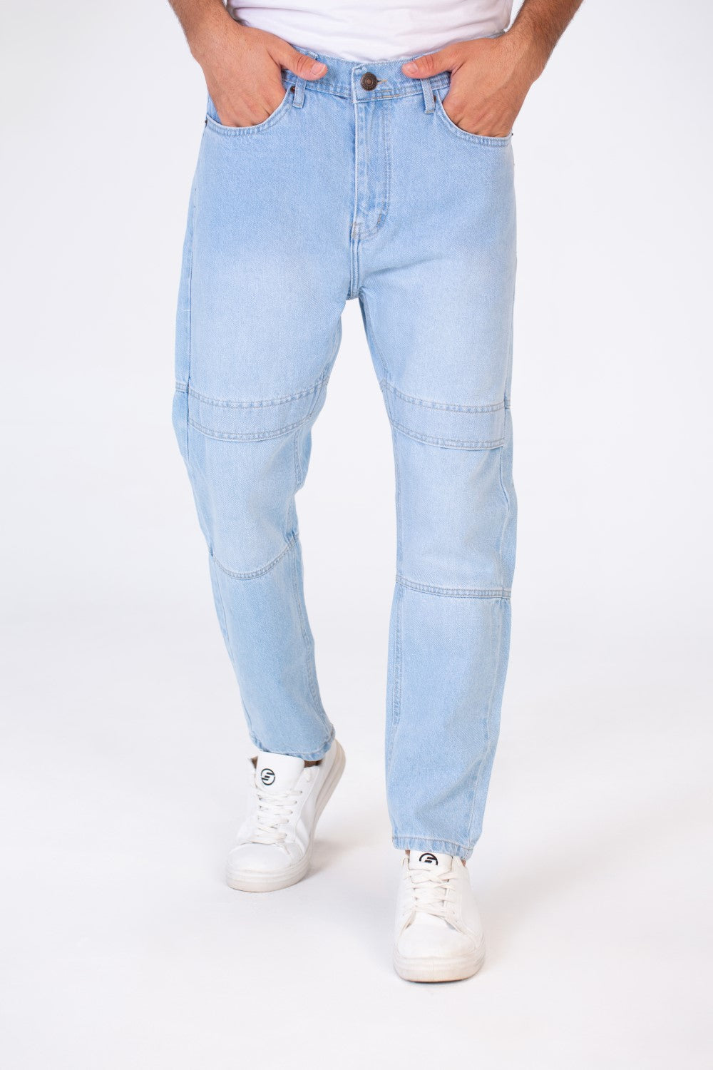 بنطلون جينز رجالي واسع الساق بخمسة جيوب وأزرار أمامية بتصميم عصري