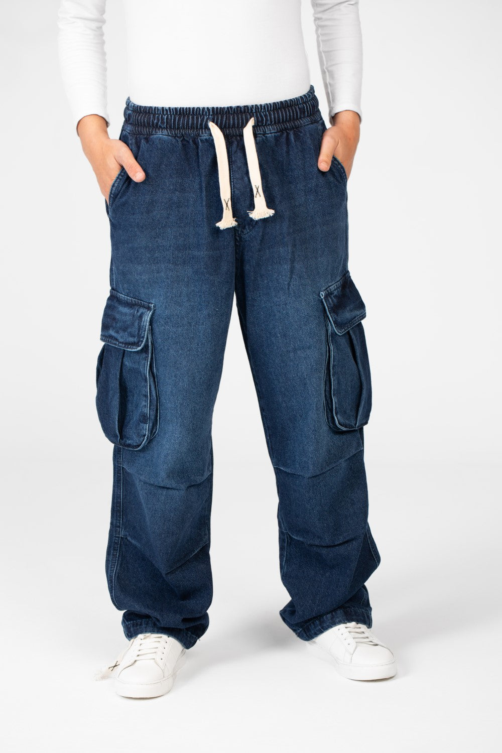 Men's Cargo Jeans Pants With Elastic Waist And Side Pockets