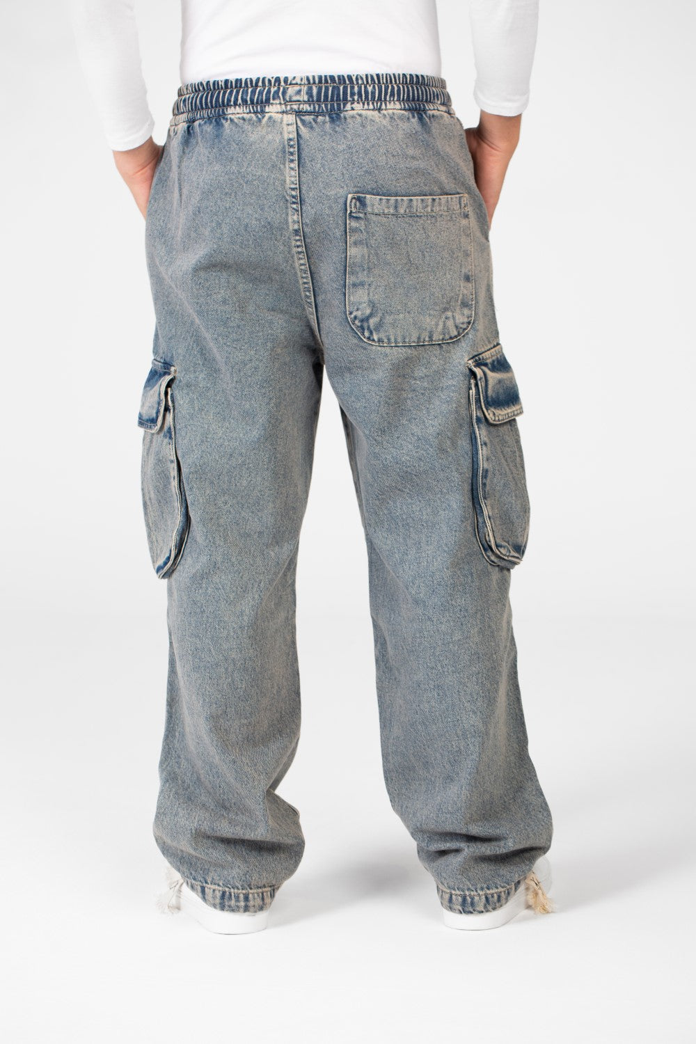 Men's Cargo Jeans Pants With Elastic Waist And Side Pockets