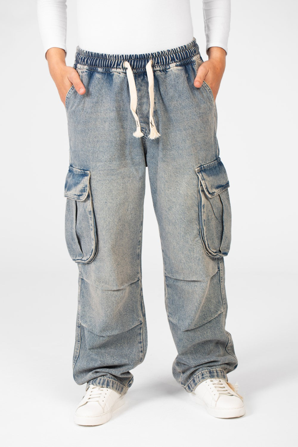 Men's Cargo Jeans Pants With Elastic Waist And Side Pockets