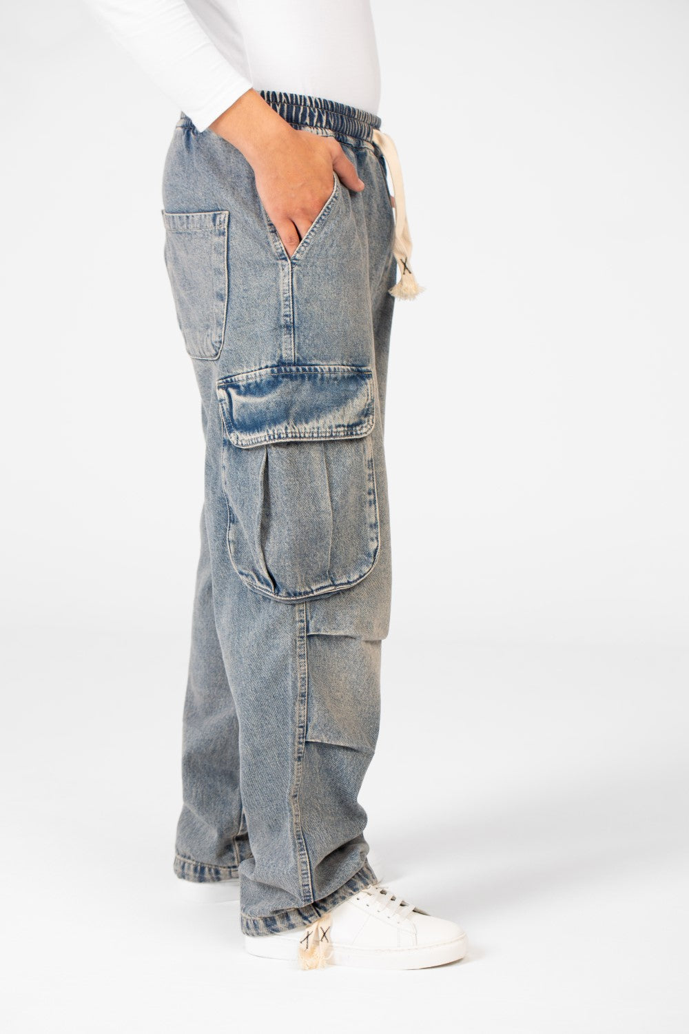 Men's Cargo Jeans Pants With Elastic Waist And Side Pockets