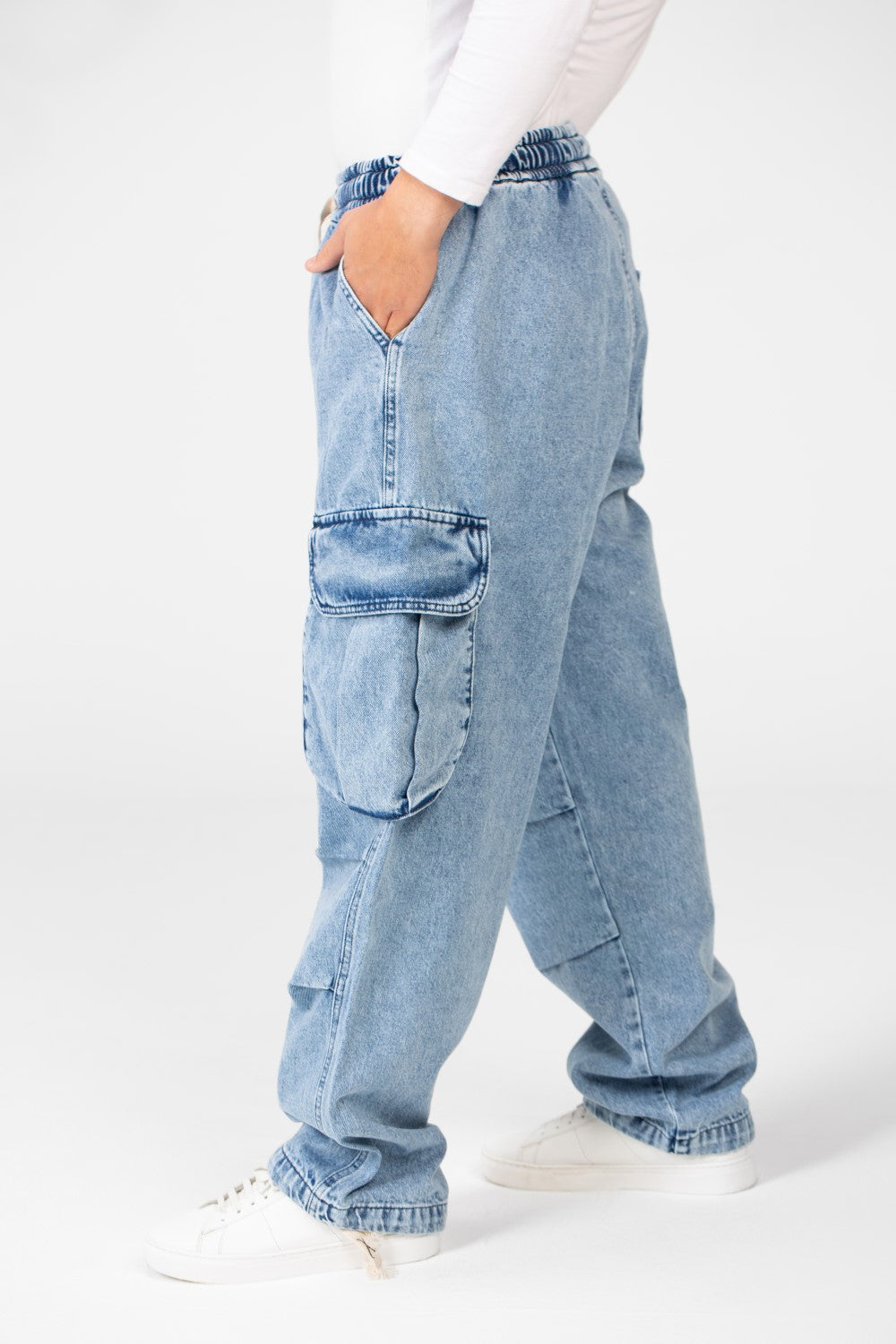 Men's Cargo Jeans Pants With Elastic Waist And Side Pockets