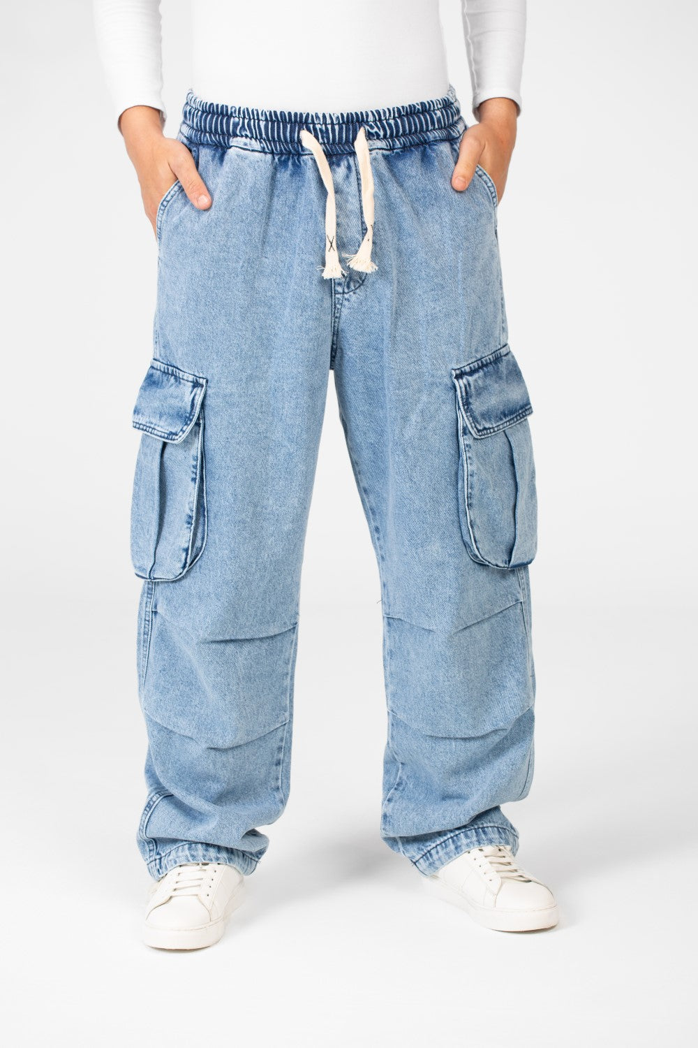 Men's Cargo Jeans Pants With Elastic Waist And Side Pockets