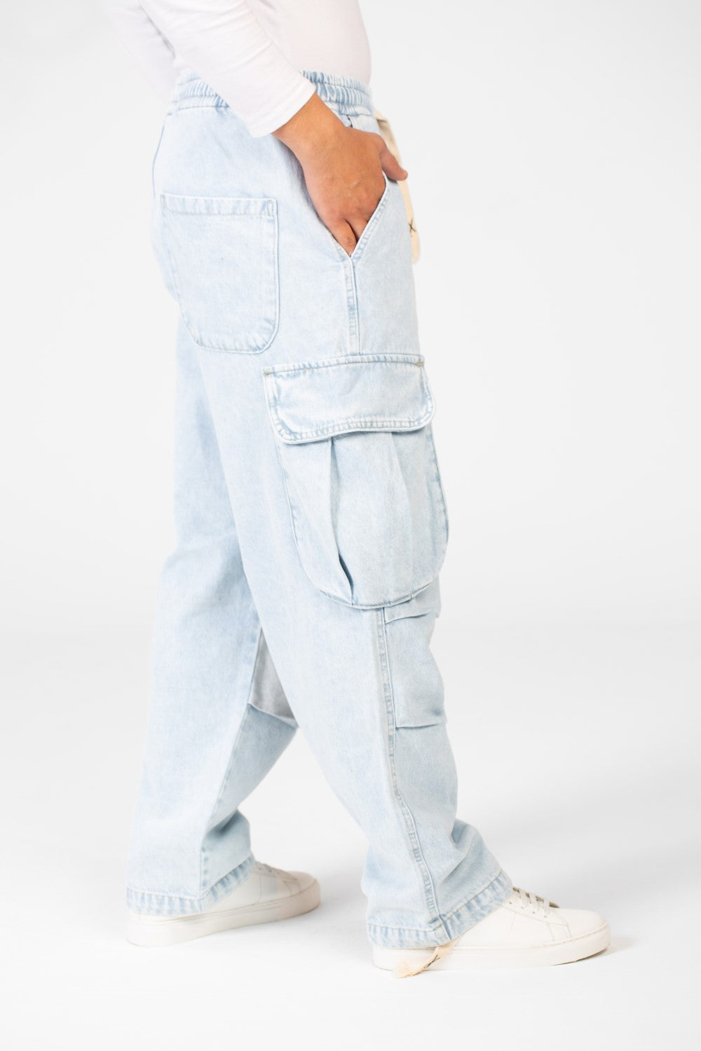 Men's Cargo Jeans Pants With Elastic Waist And Side Pockets