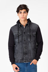 Men's Denim Front Pockets Jacket With Melton Sleeves & Hood