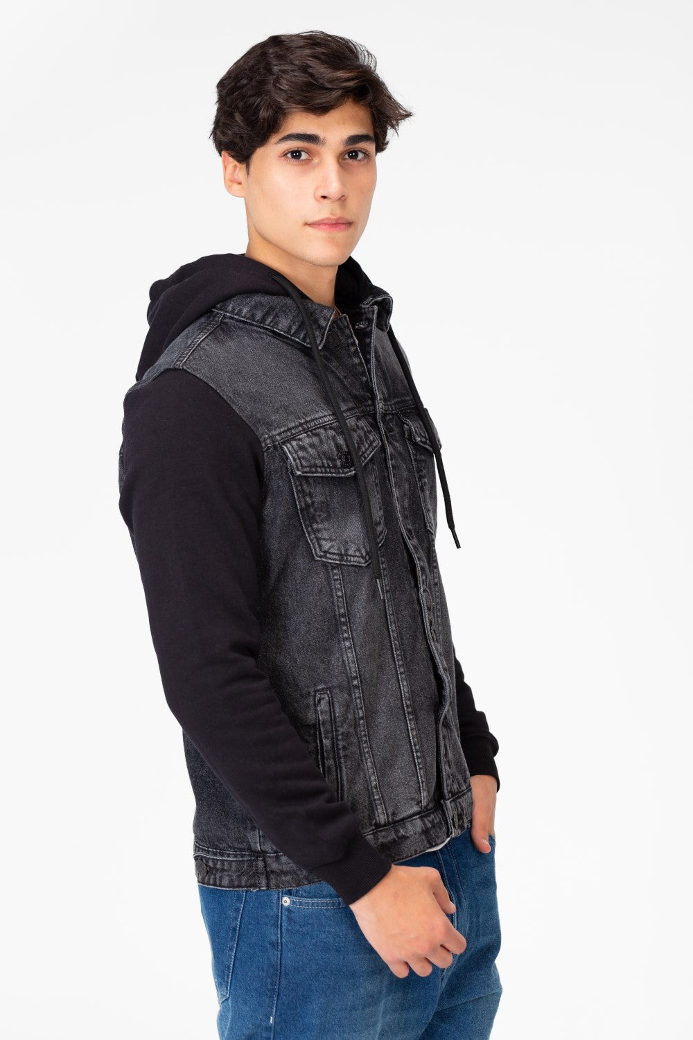 Men's Denim Front Pockets Jacket With Melton Sleeves & Hood