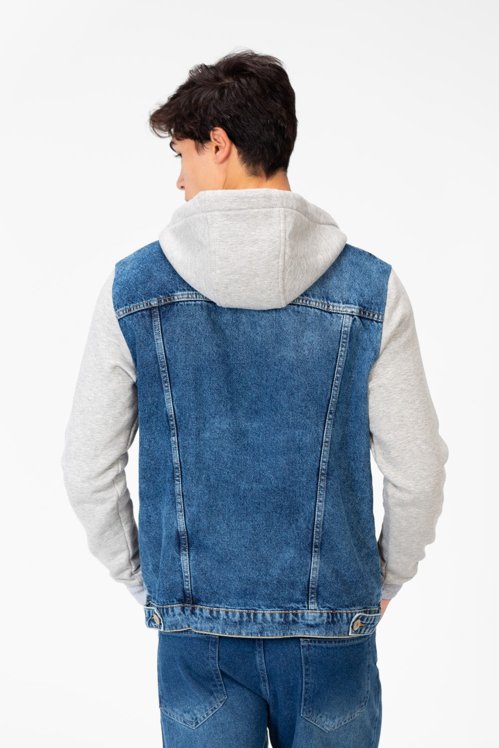 Men's Denim Front Pockets Jacket With Melton Sleeves & Hood