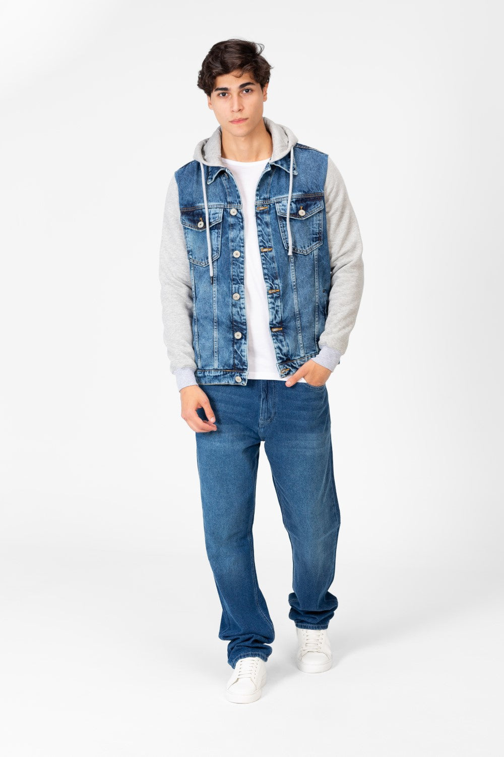 Men's Denim Front Pockets Jacket With Melton Sleeves & Hood