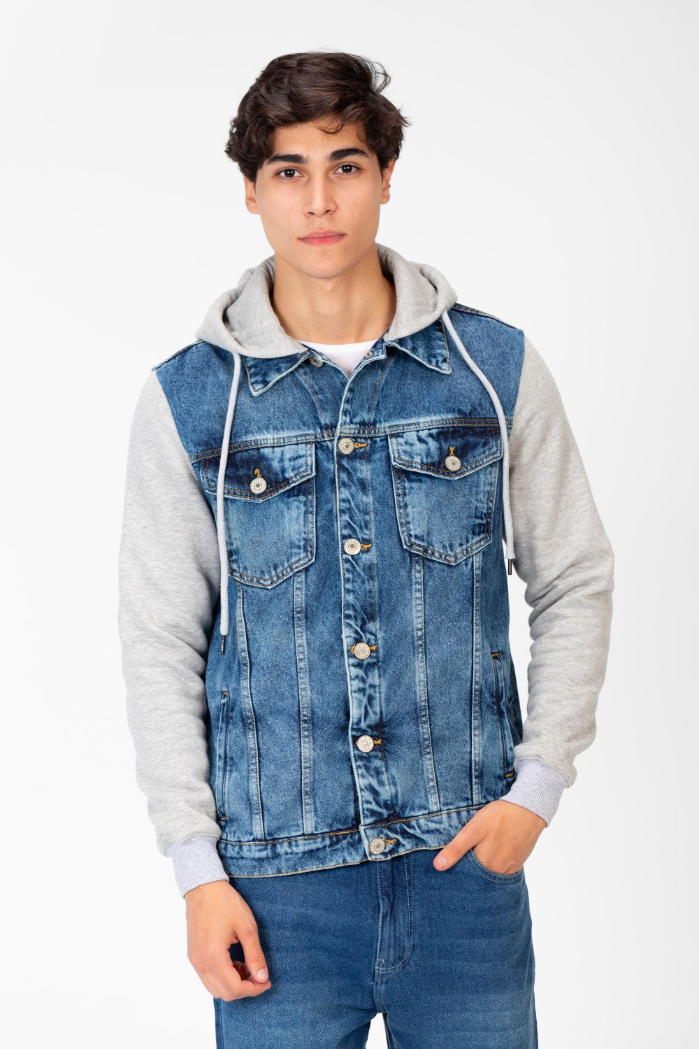 Men's Denim Front Pockets Jacket With Melton Sleeves & Hood