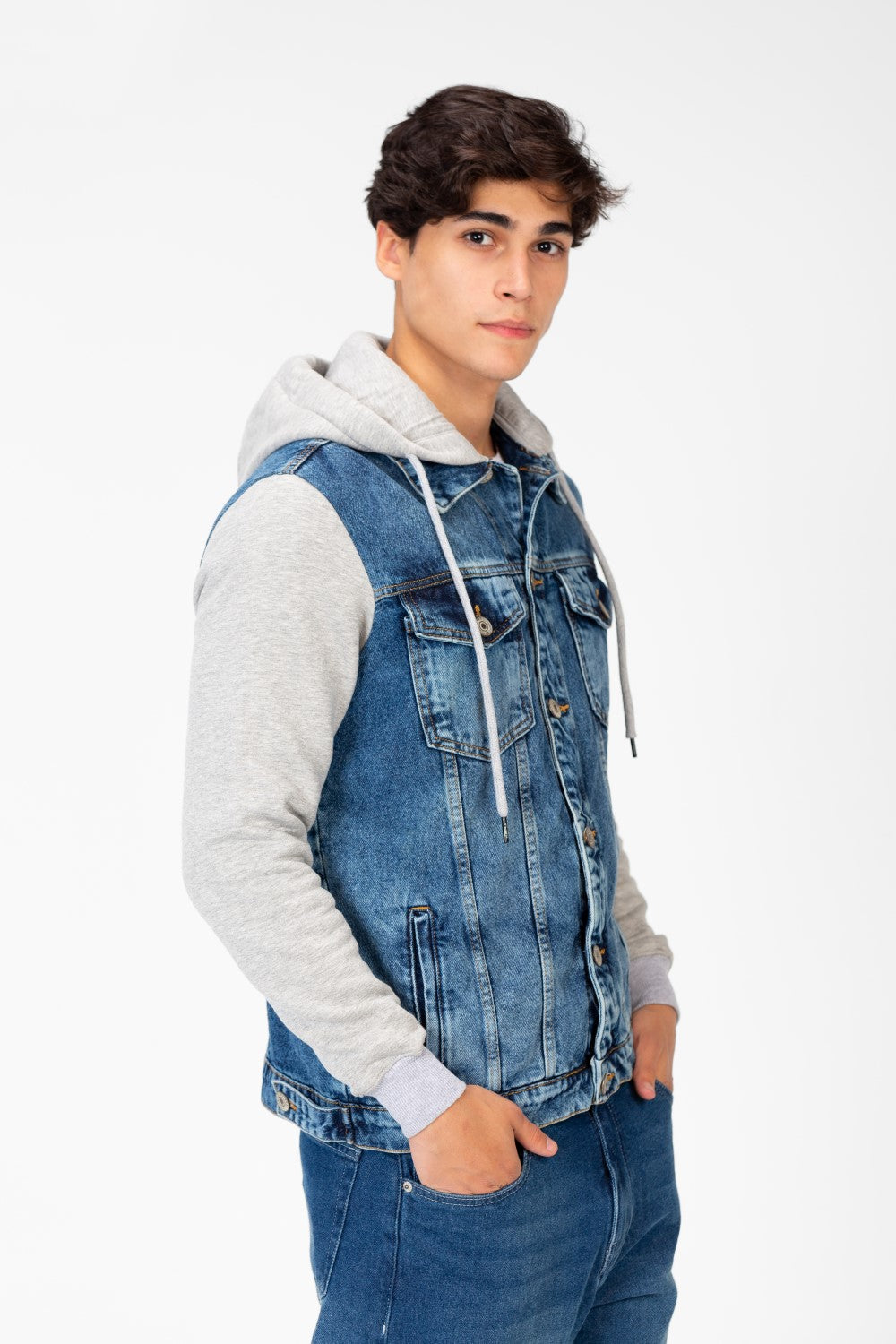Men's Denim Front Pockets Jacket With Melton Sleeves & Hood