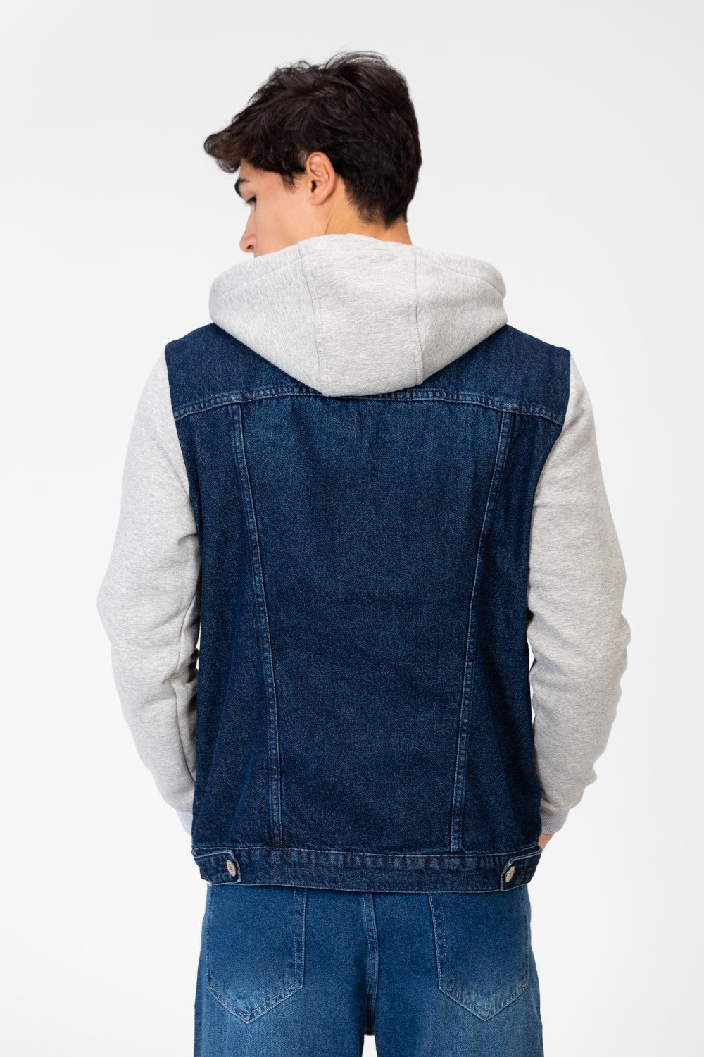 Men's Denim Front Pockets Jacket With Melton Sleeves & Hood