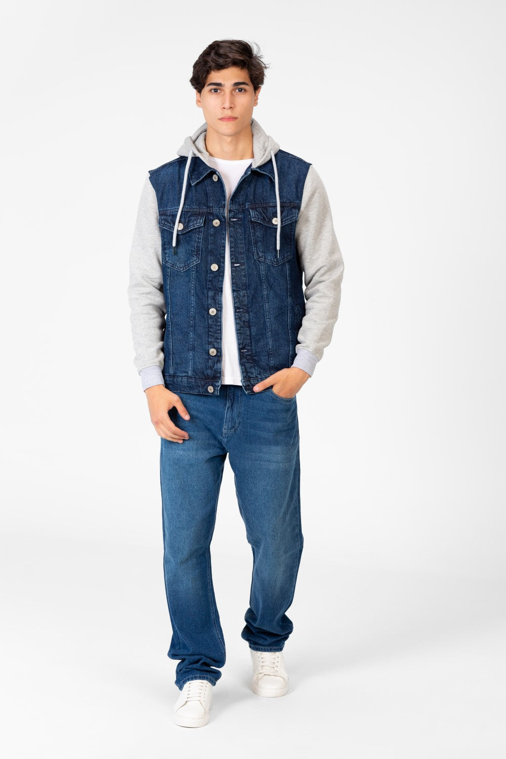 Men's Denim Front Pockets Jacket With Melton Sleeves & Hood