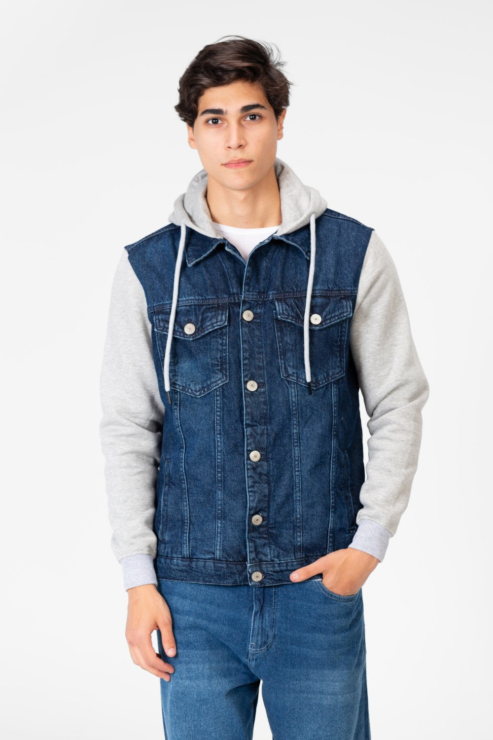 Men's Denim Front Pockets Jacket With Melton Sleeves & Hood