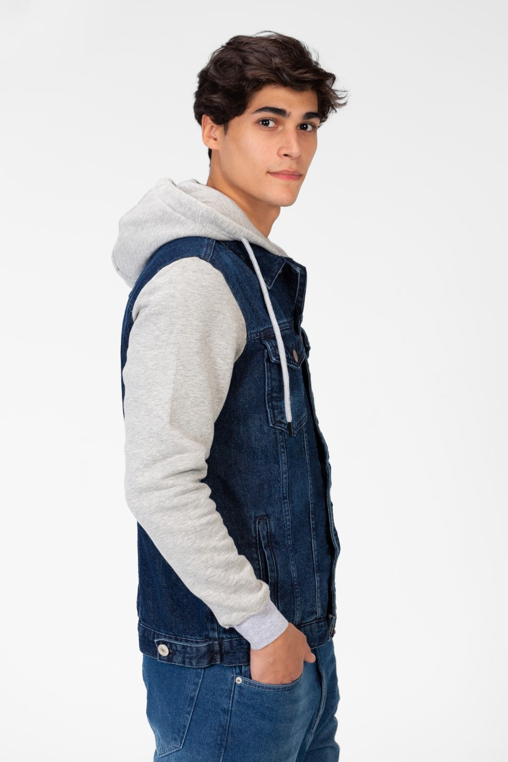 Men's Denim Front Pockets Jacket With Melton Sleeves & Hood