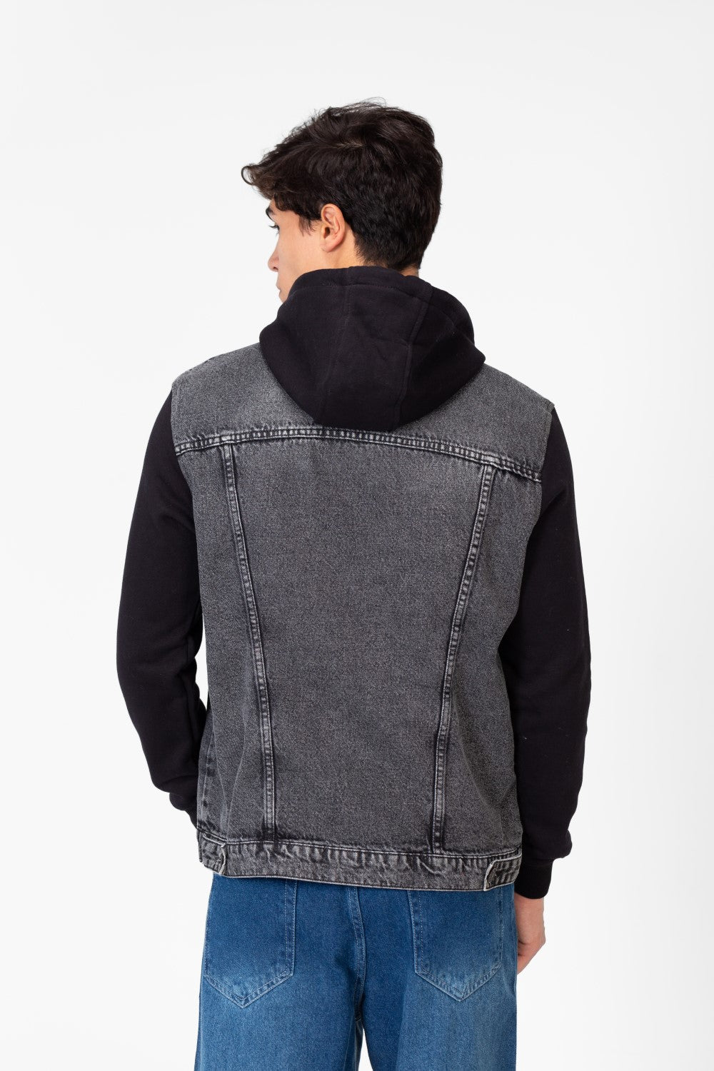 Men's Denim Front Pockets Jacket With Melton Sleeves & Hood