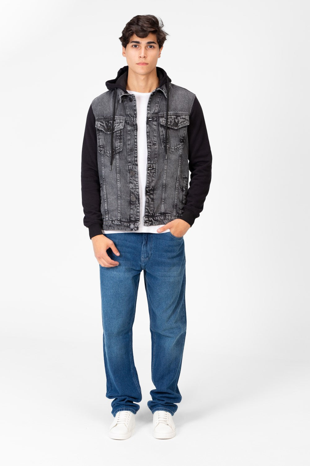 Men's Denim Front Pockets Jacket With Melton Sleeves & Hood