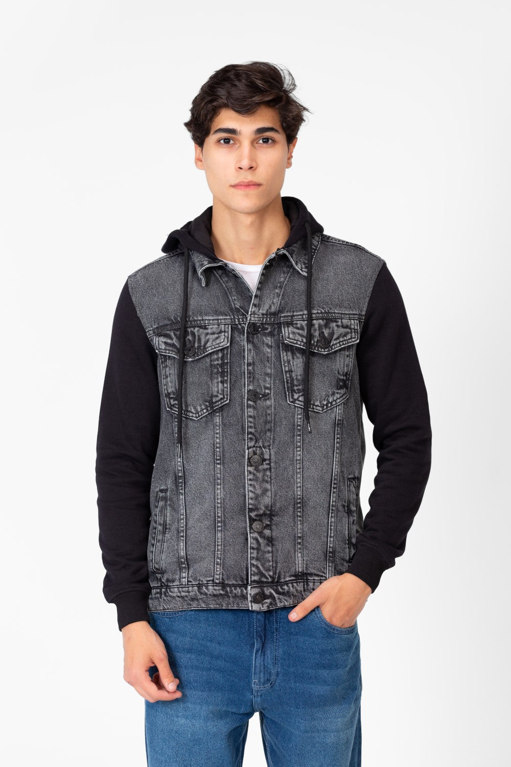 Men's Denim Front Pockets Jacket With Melton Sleeves & Hood