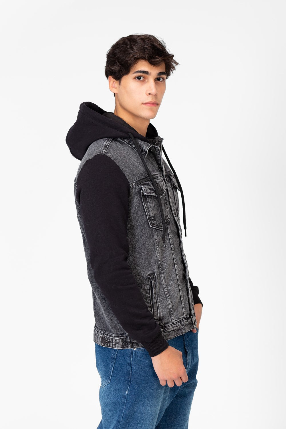 Men's Denim Front Pockets Jacket With Melton Sleeves & Hood