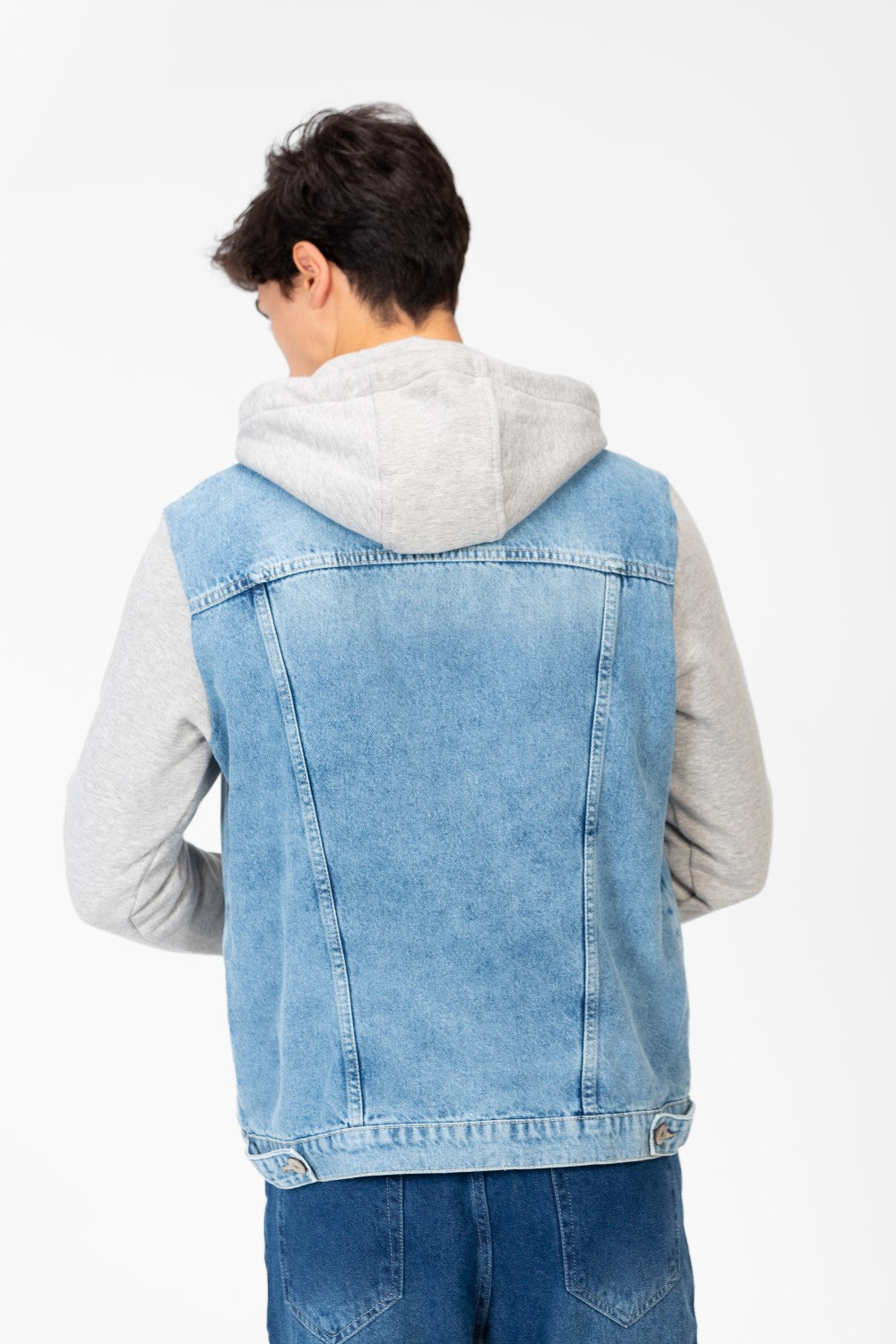 Men's Denim Front Pockets Jacket With Melton Sleeves & Hood