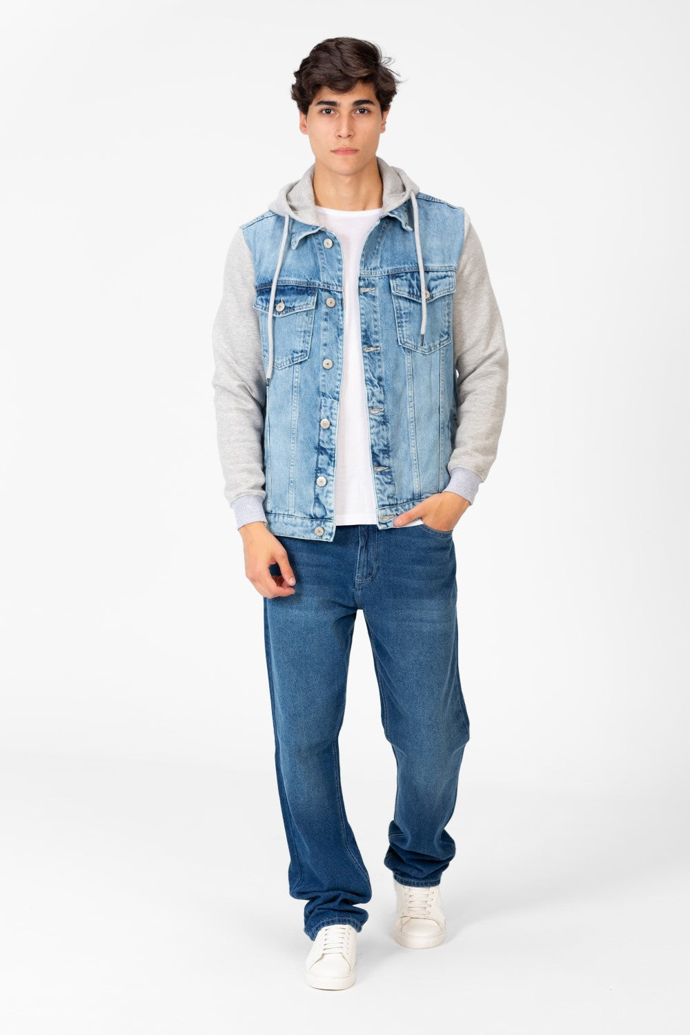 Men's Denim Front Pockets Jacket With Melton Sleeves & Hood