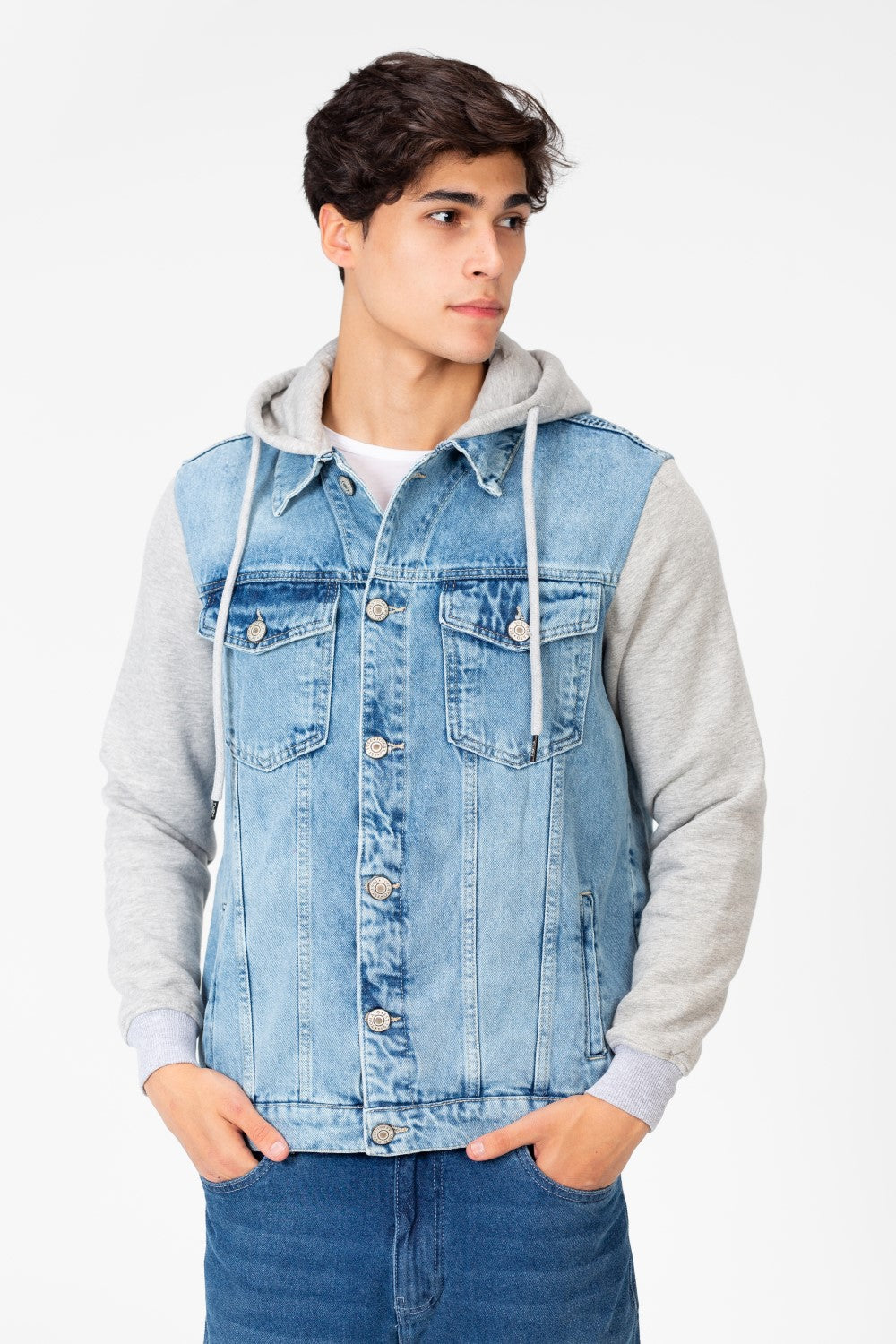Men's Denim Front Pockets Jacket With Melton Sleeves & Hood