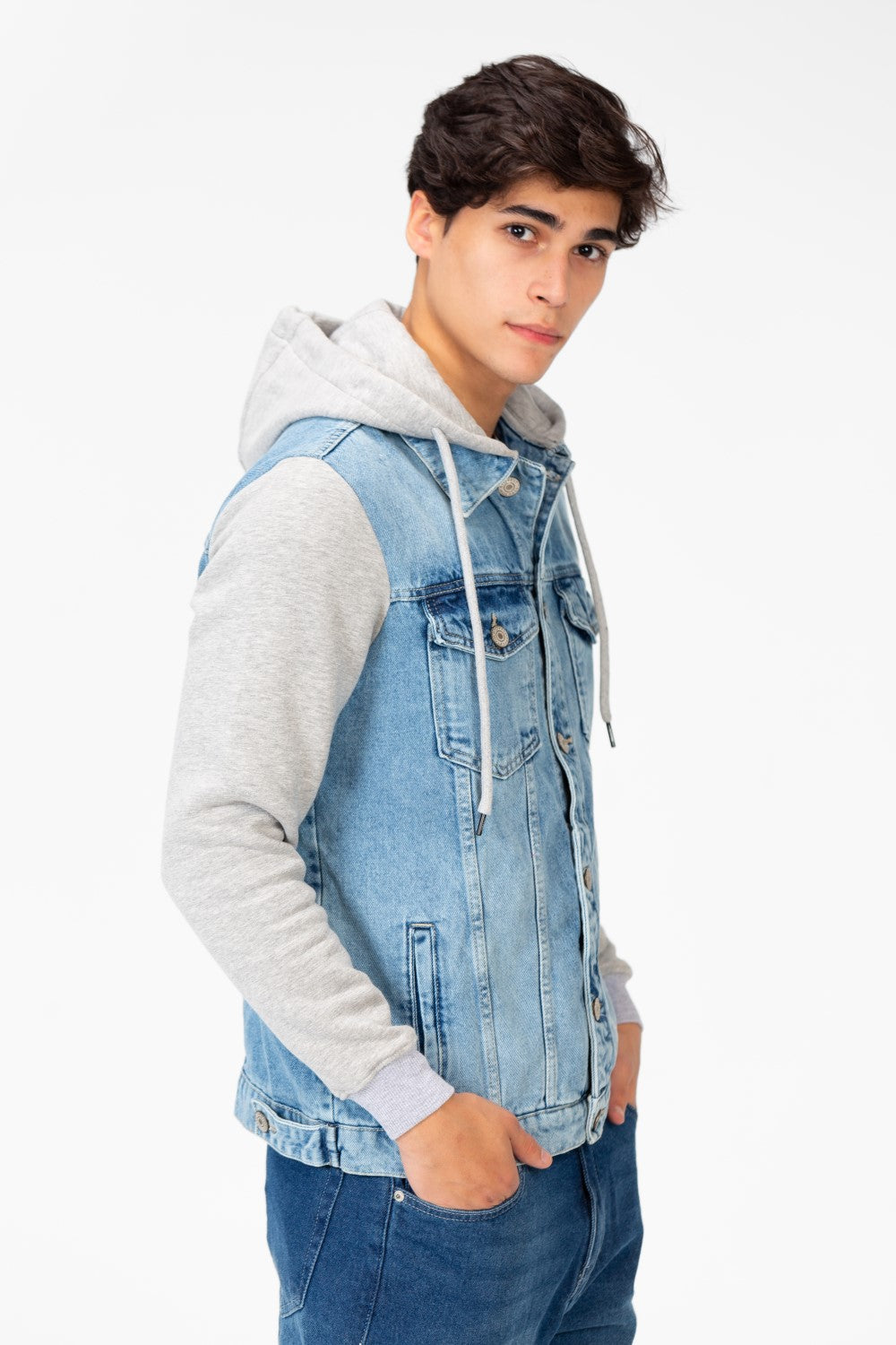 Men's Denim Front Pockets Jacket With Melton Sleeves & Hood