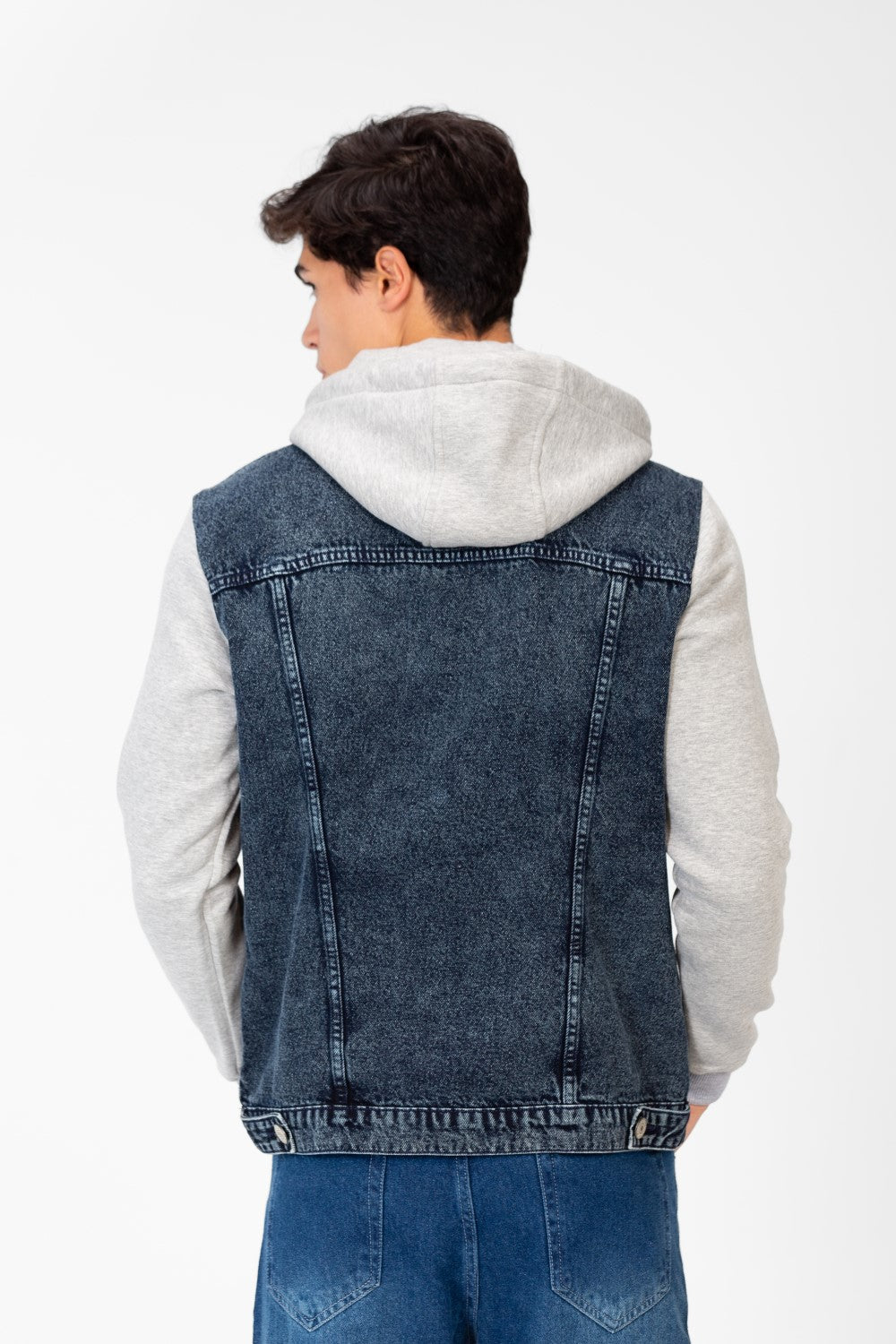 Men's Denim Front Pockets Jacket With Melton Sleeves & Hood
