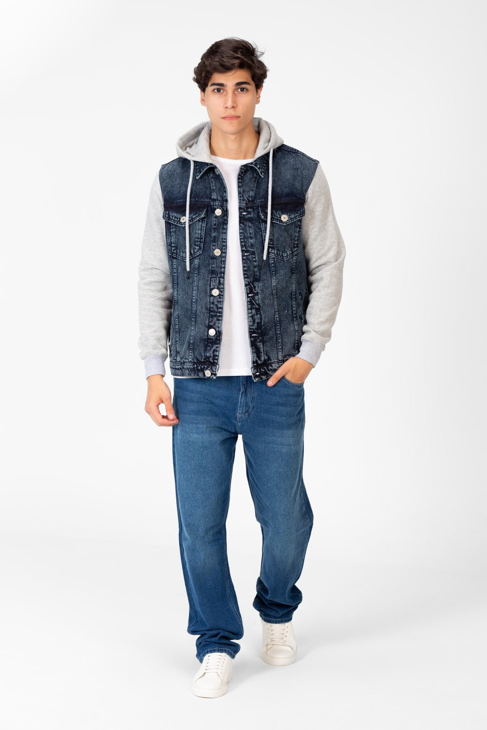 Men's Denim Front Pockets Jacket With Melton Sleeves & Hood