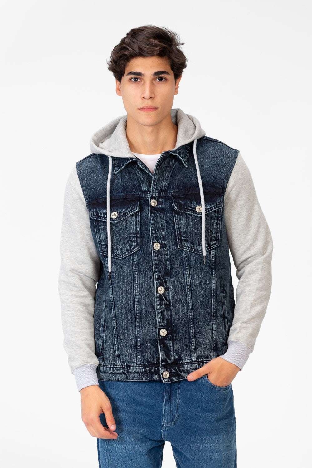 Men's Denim Front Pockets Jacket With Melton Sleeves & Hood