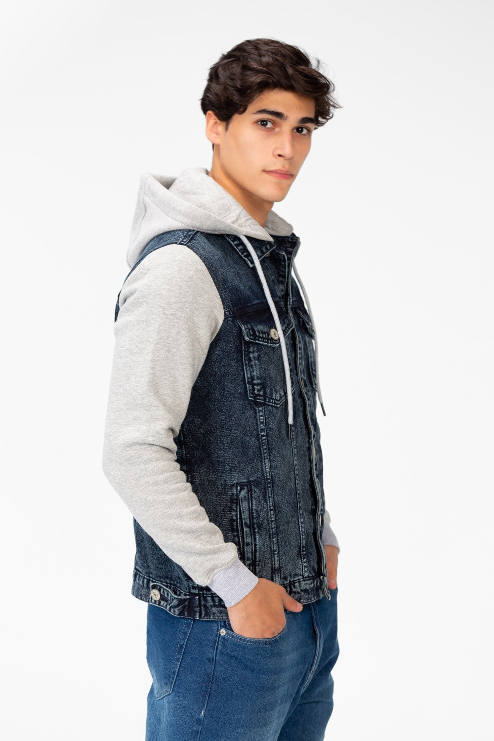 Men's Denim Front Pockets Jacket With Melton Sleeves & Hood
