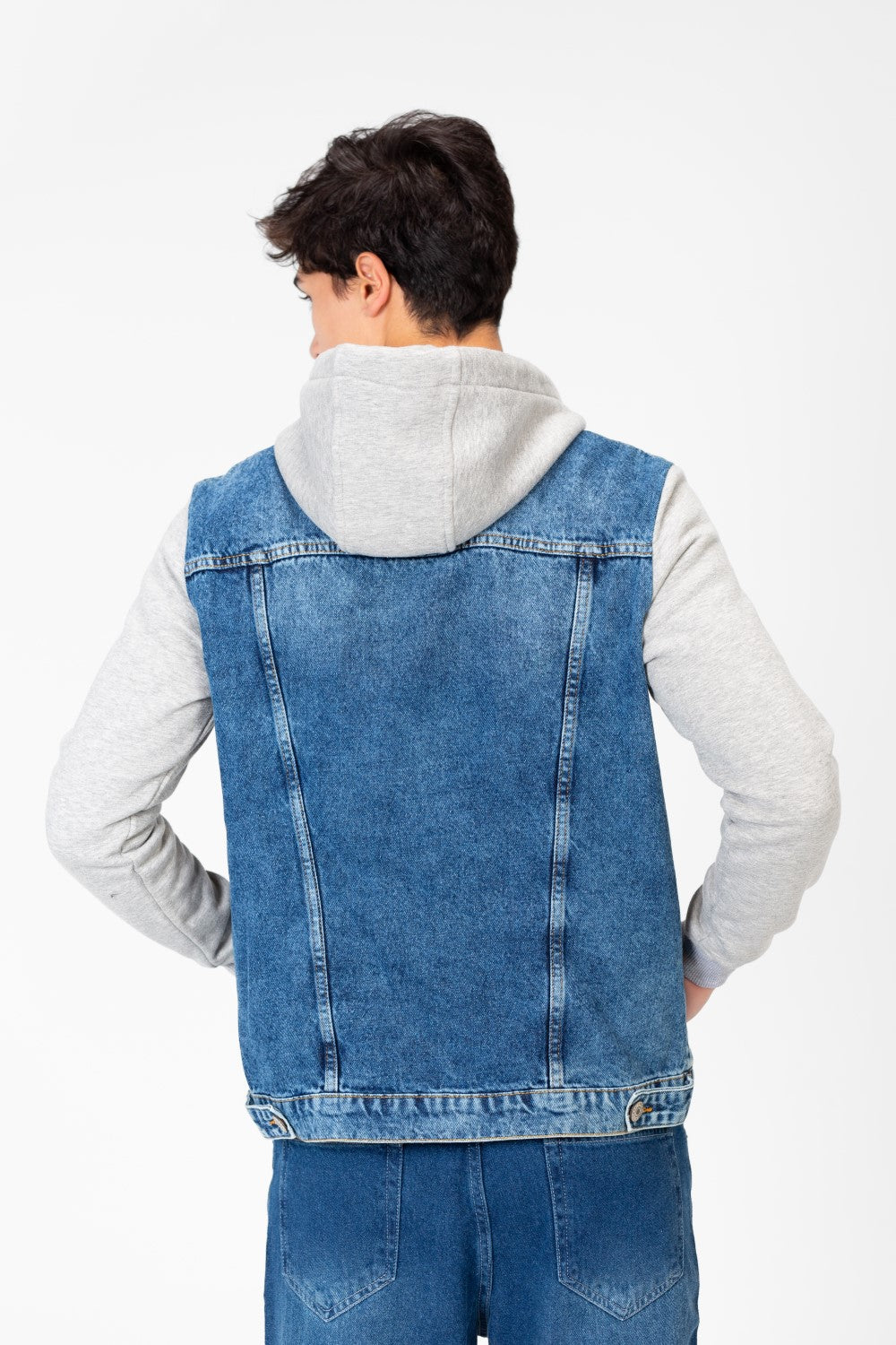 Men's Denim Front Pockets Jacket With Melton Sleeves & Hood
