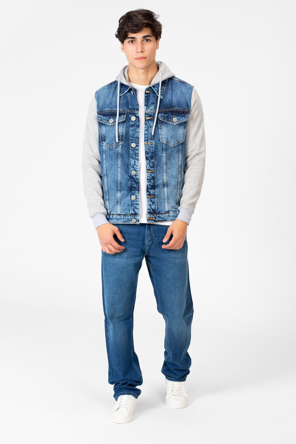 Men's Denim Front Pockets Jacket With Melton Sleeves & Hood