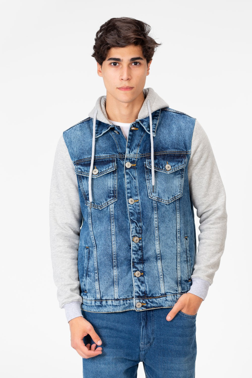 Men's Denim Front Pockets Jacket With Melton Sleeves & Hood